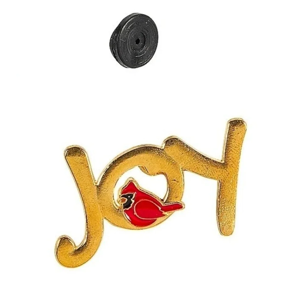 Gold Tone Joy Cardinal Christmas Holiday Lapel Pin Brooch with Scripture